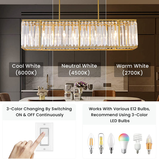 Rectangle Crystal Chandelier Dimmable Lighting Fixture for Dining Living Room Kitchen Island