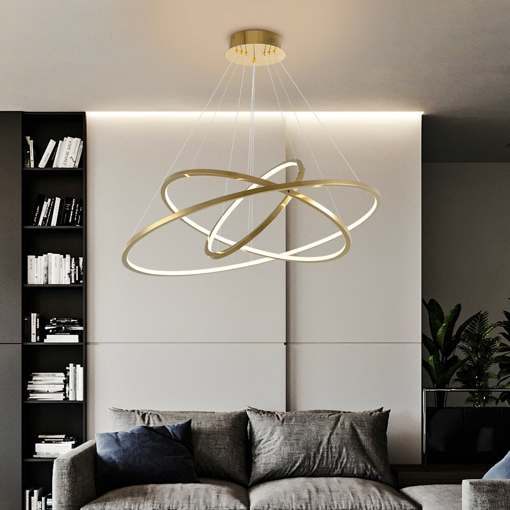 Modern ring led chandelier for staircase luxury living room gold hanging - Warmly Lights