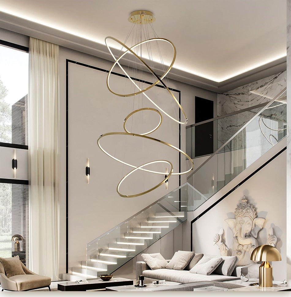 Modern ring led chandelier for staircase luxury living room gold hanging - Warmly Lights