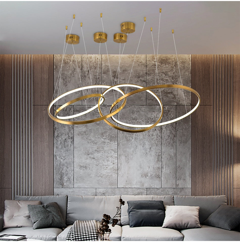 Modern ring led chandelier for staircase luxury living room gold hanging - Warmly Lights