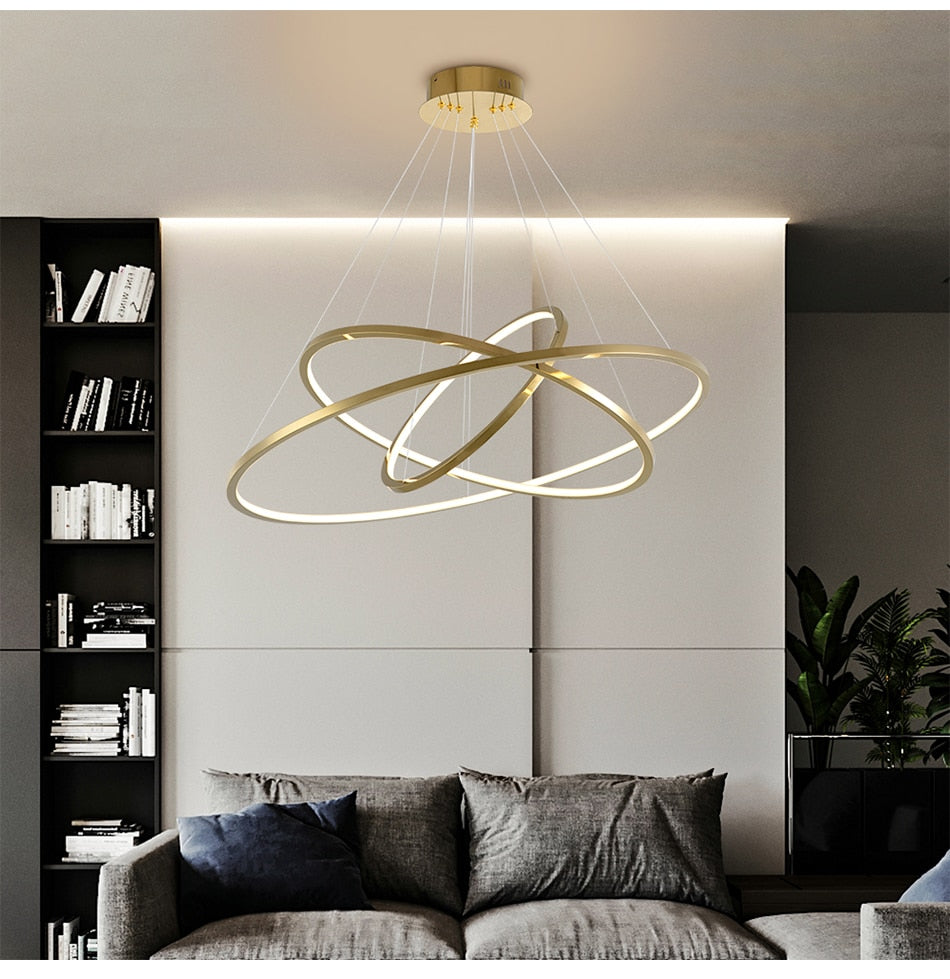 Modern ring led chandelier for staircase luxury living room gold hanging - Warmly Lights