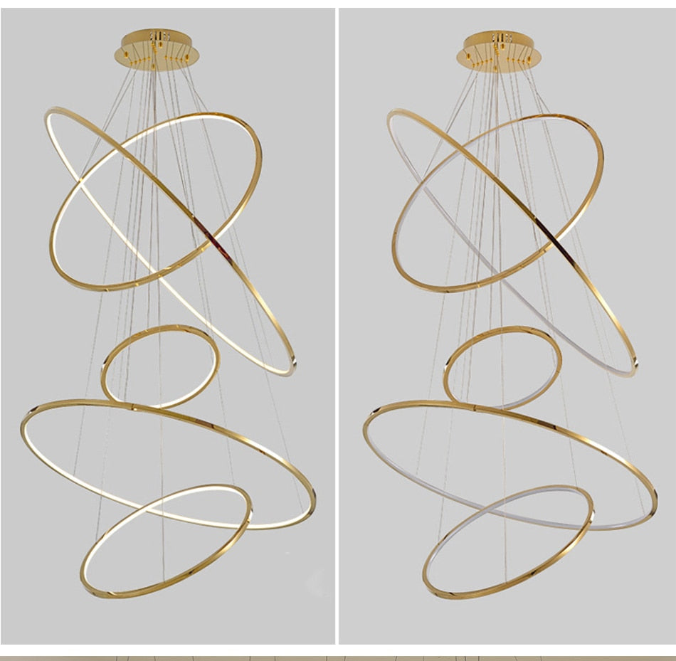 Modern ring led chandelier for staircase luxury living room gold hanging - Warmly Lights