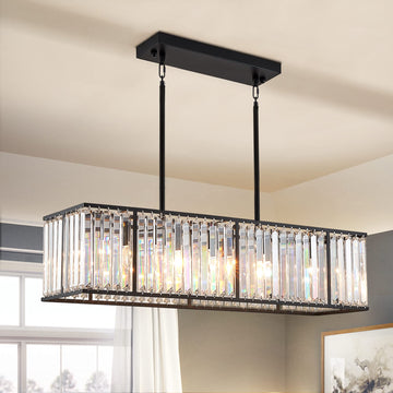 Rectangle Crystal Chandelier Dimmable Lighting Fixture for Dining Living Room Kitchen Island