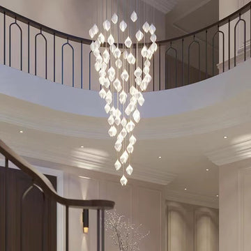 Magnolia Flower Ceramics Pendant Long Chandelier for Stairs/Kitchen Island/High-Ceiling Room