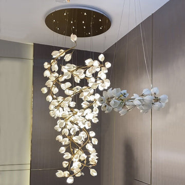 Spiral Pure White Magnolia Chandelier with Golden Branches for Staircase/High-ceiling Space/Foyer/ Duplex