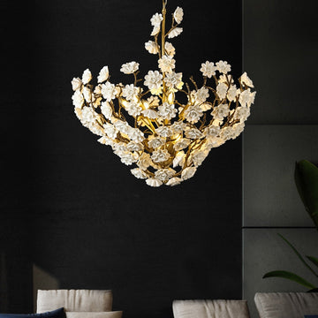 chandelier,chandeliers,flower,branch,white,gold,flush mount,dining table,kitchen island,romantic,art,designer style,foyer,stairs