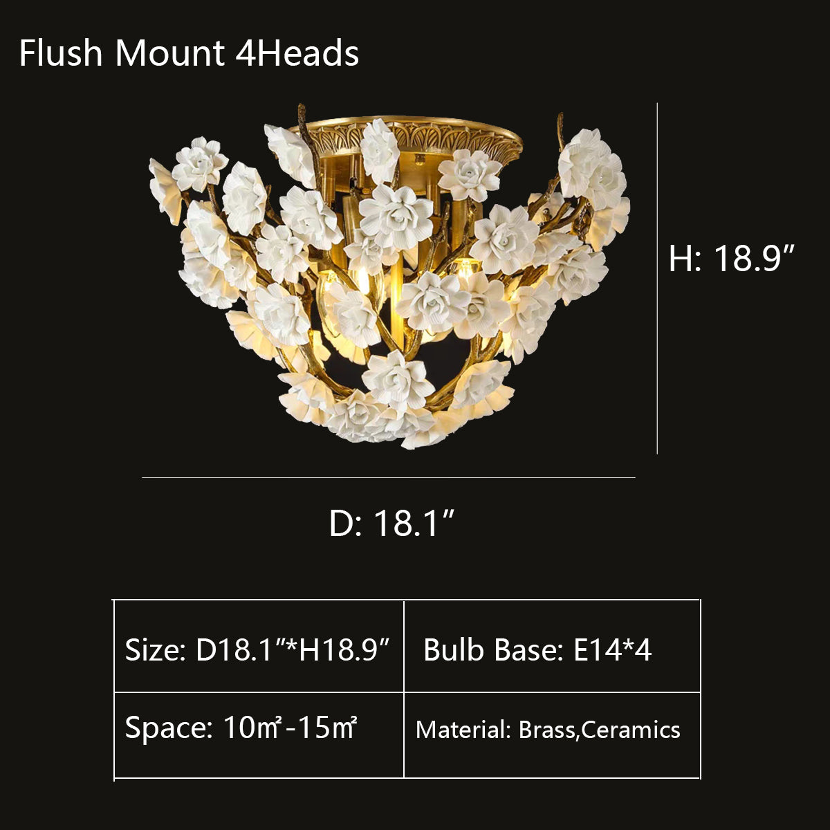 4Heads: D18.1"*H18.9" chandelier,chandeliers,flower,branch,white,gold,flush mount,dining table,kitchen island,romantic,art,designer style,foyer,stairs